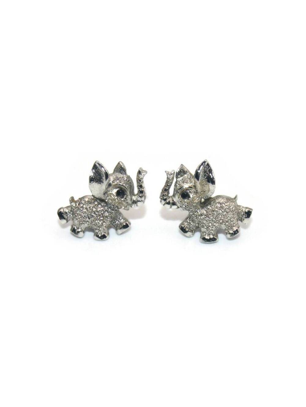Adorable Small Vintage Silver Tone Elephant Stud Earrings with Black Eyes.